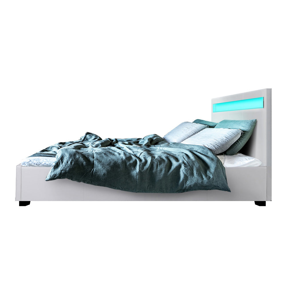 Queen Sized LED Bed Frame with Headboard and Gas Lift Storage White Leather