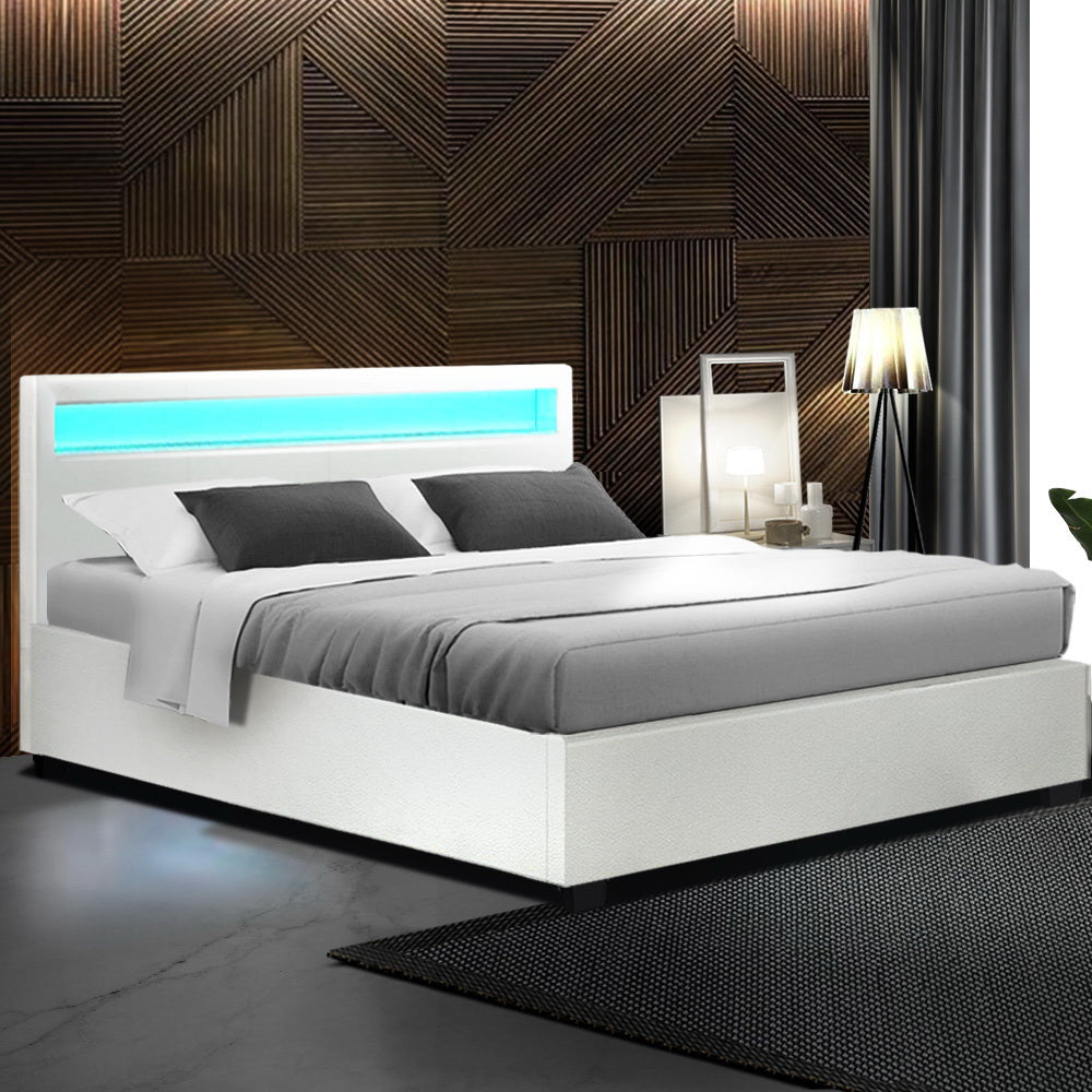 Queen Sized LED Bed Frame with Headboard and Gas Lift Storage White Leather