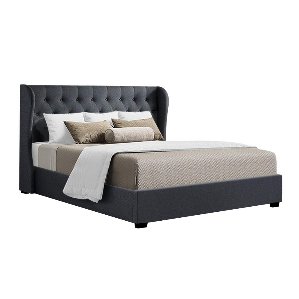 King Sized Bed Frame With Winged Headboard and Gas Lift Storage - Charcoal Fabric