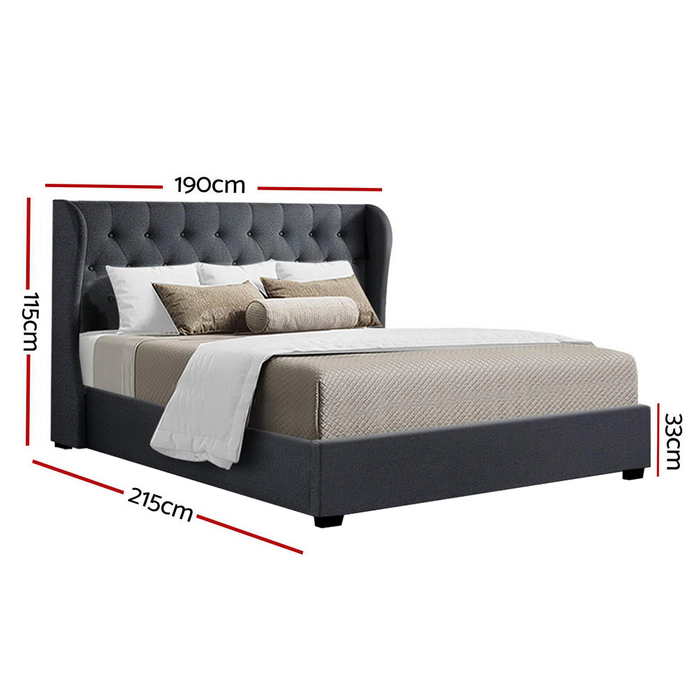 King Sized Bed Frame With Winged Headboard and Gas Lift Storage - Charcoal Fabric