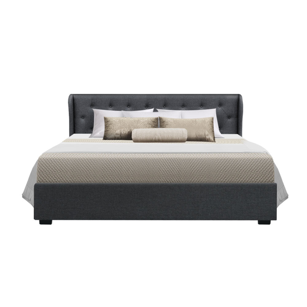 King Sized Bed Frame With Winged Headboard and Gas Lift Storage - Charcoal Fabric