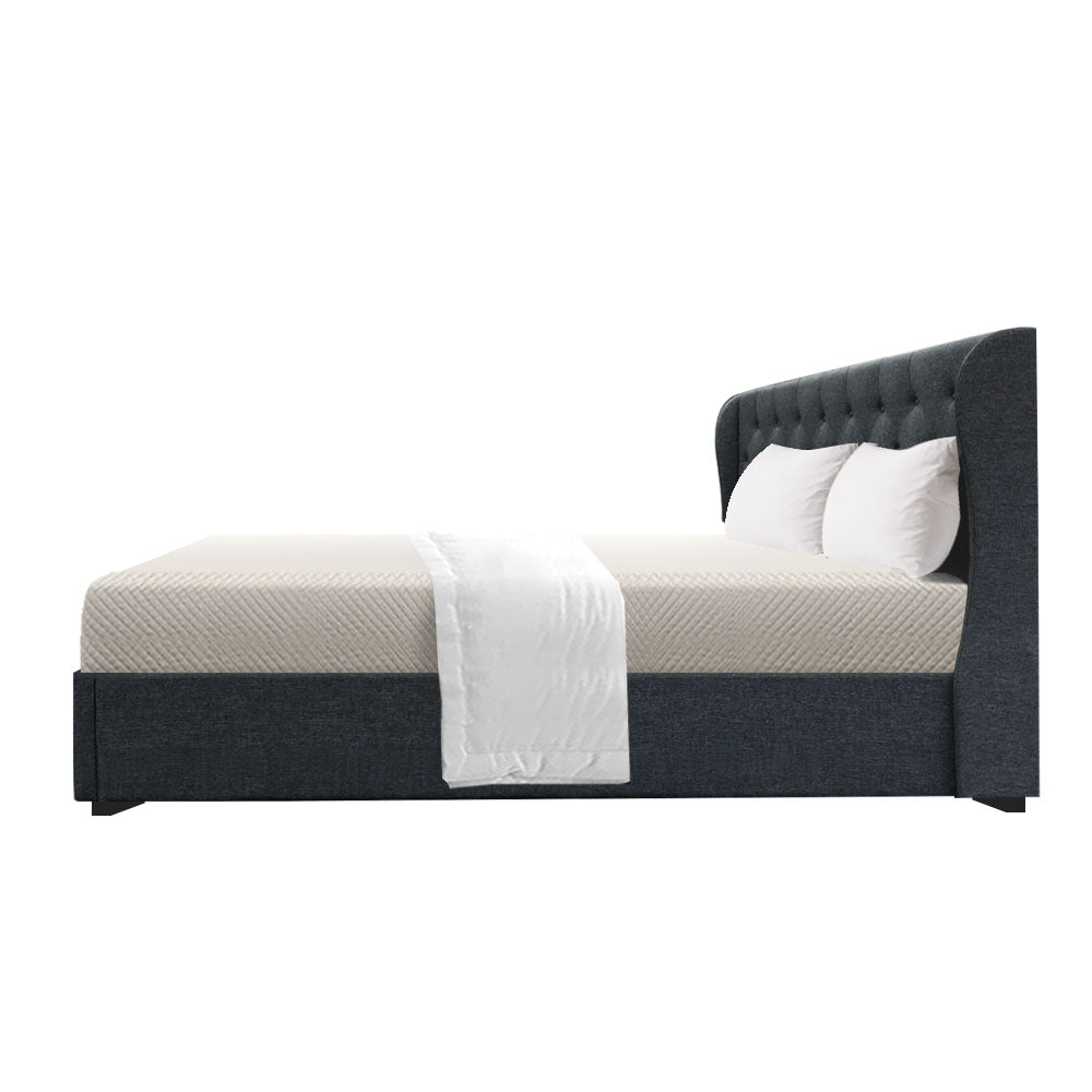 King Sized Bed Frame With Winged Headboard and Gas Lift Storage - Charcoal Fabric