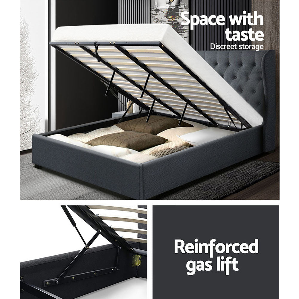 King Sized Bed Frame With Winged Headboard and Gas Lift Storage - Charcoal Fabric