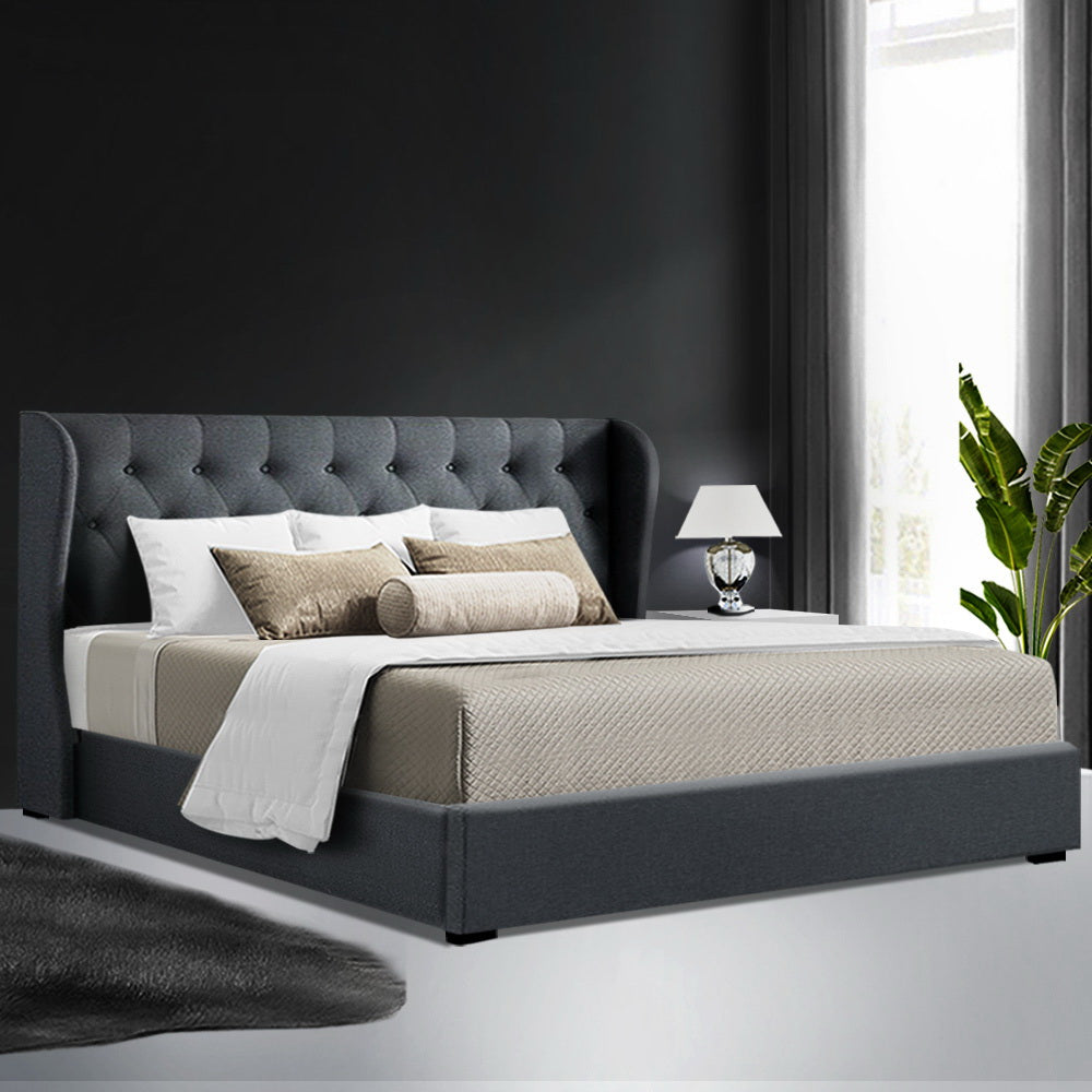 King Sized Bed Frame With Winged Headboard and Gas Lift Storage - Charcoal Fabric