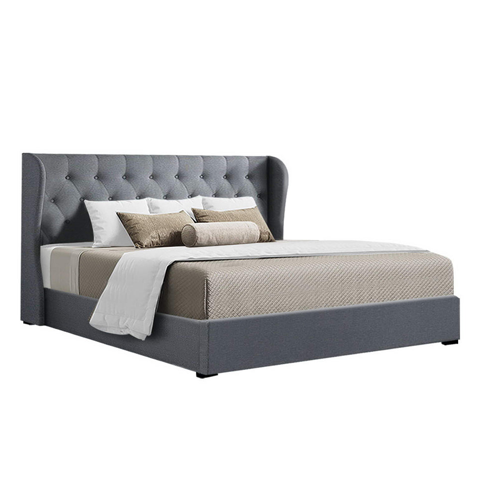 King Sized Bed Frame With Gas Lift Storage and Tufted Headboard - Grey Fabric