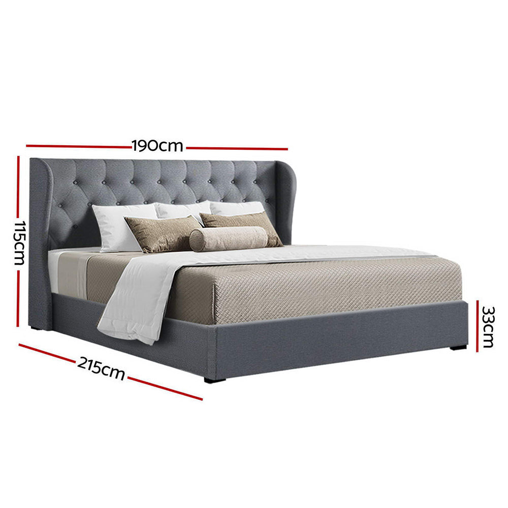 King Sized Bed Frame With Gas Lift Storage and Tufted Headboard - Grey Fabric