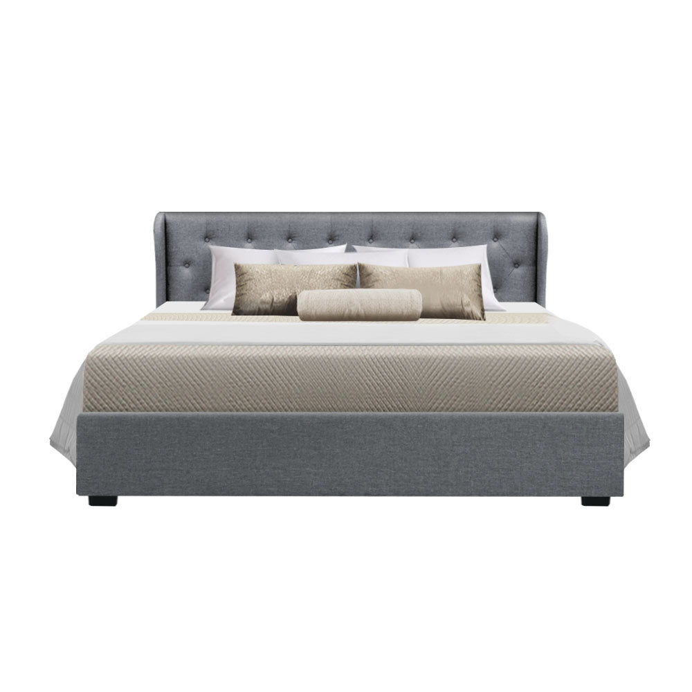 King Sized Bed Frame With Gas Lift Storage and Tufted Headboard - Grey Fabric