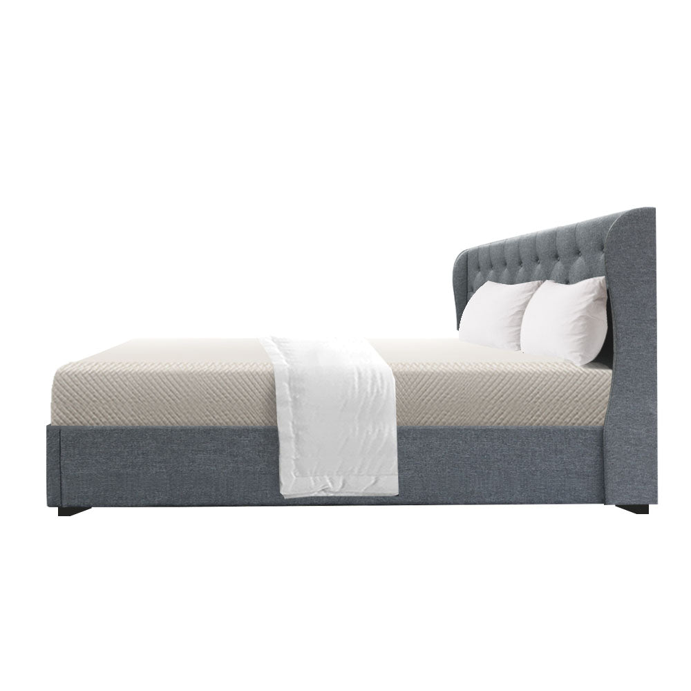 King Sized Bed Frame With Gas Lift Storage and Tufted Headboard - Grey Fabric