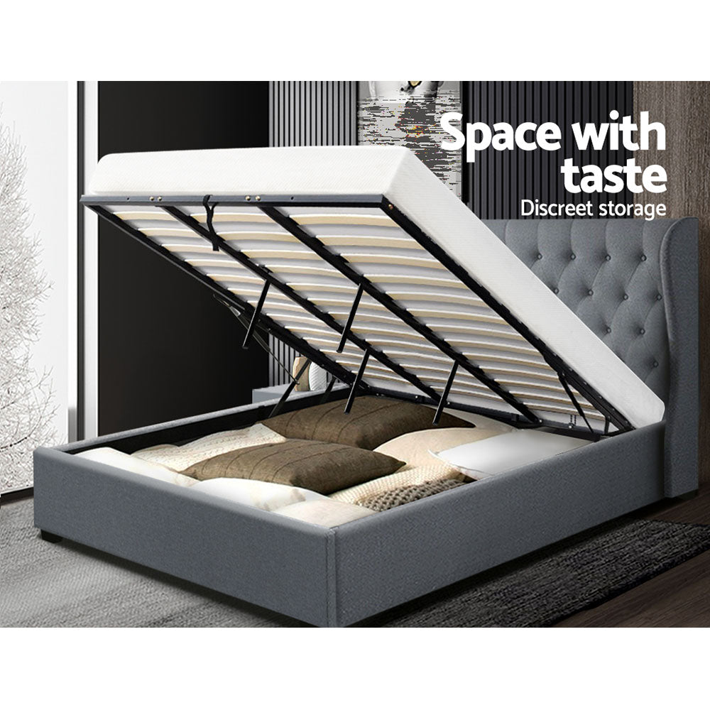 King Sized Bed Frame With Gas Lift Storage and Tufted Headboard - Grey Fabric