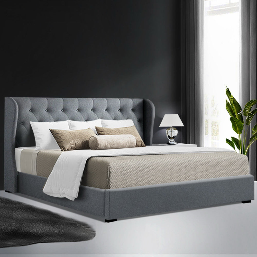 King Sized Bed Frame With Gas Lift Storage and Tufted Headboard - Grey Fabric