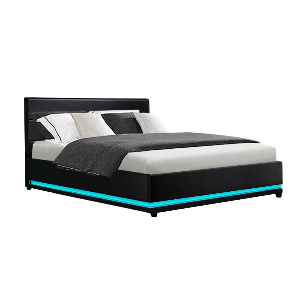Double Size Bed Frame With Headboard, Gas Lift Storage and LED Light in Leather - Black