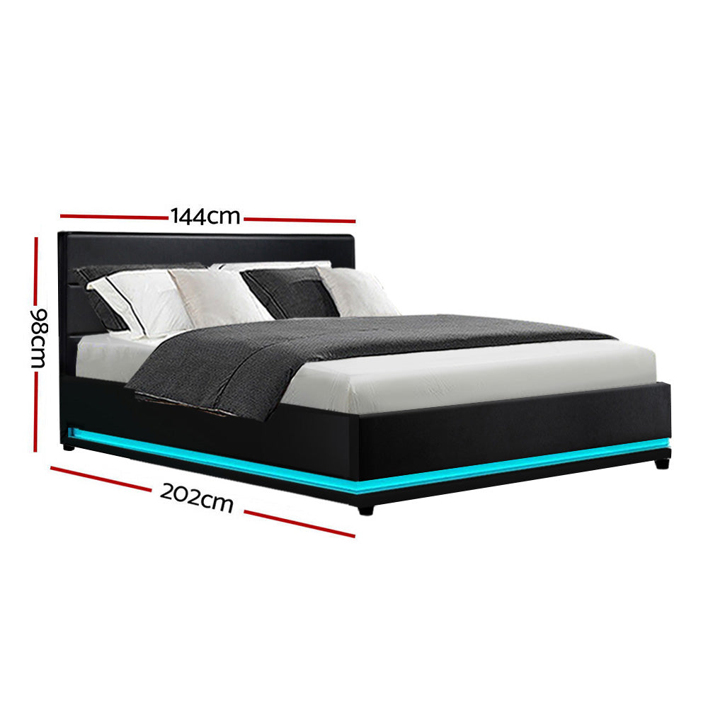 Double Size Bed Frame With Headboard, Gas Lift Storage and LED Light in Leather - Black