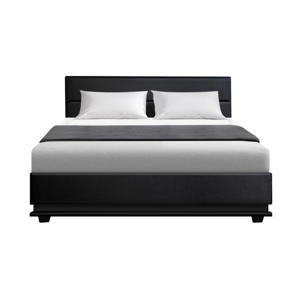 Double Size Bed Frame With Headboard, Gas Lift Storage and LED Light in Leather - Black