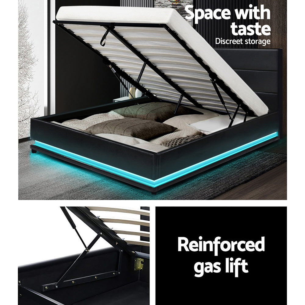 Double Size Bed Frame With Headboard, Gas Lift Storage and LED Light in Leather - Black
