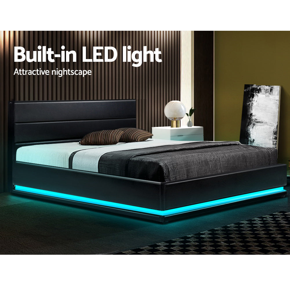 Double Size Bed Frame With Headboard, Gas Lift Storage and LED Light in Leather - Black