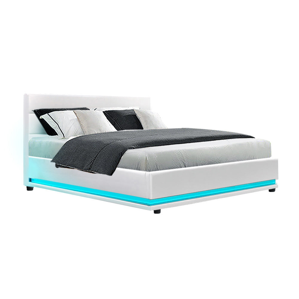 Double Size Bed Frame With Headboard and Gas Lift Storage and LED Light - White Leather