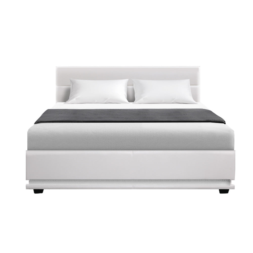 Double Size Bed Frame With Headboard and Gas Lift Storage and LED Light - White Leather