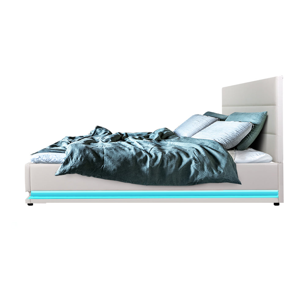 Double Size Bed Frame With Headboard and Gas Lift Storage and LED Light - White Leather