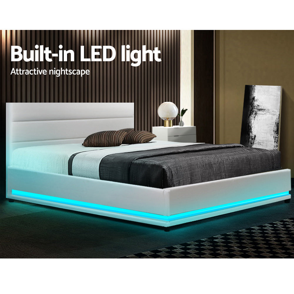 Double Size Bed Frame With Headboard and Gas Lift Storage and LED Light - White Leather