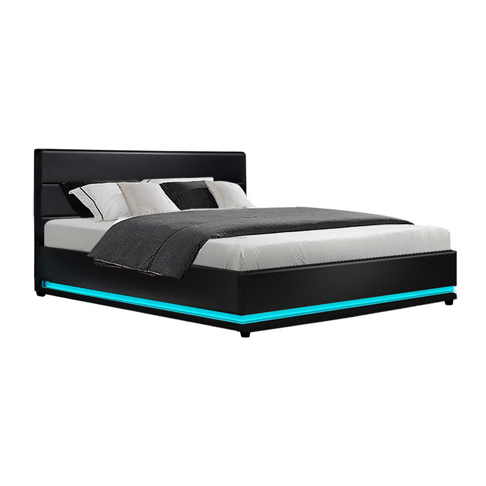King Size LED Bed Frame With Gas Lift Storage and Bedhead - Black Leather