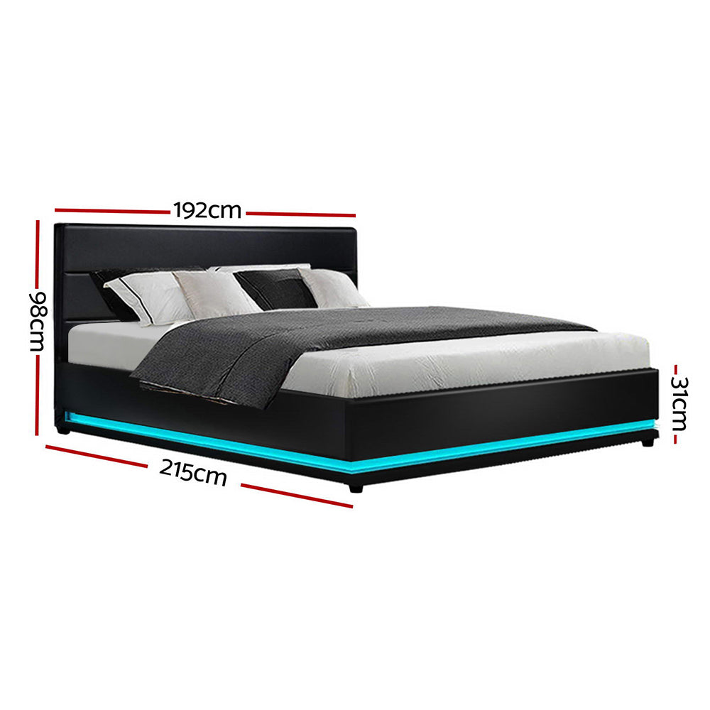 King Size LED Bed Frame With Gas Lift Storage and Bedhead - Black Leather
