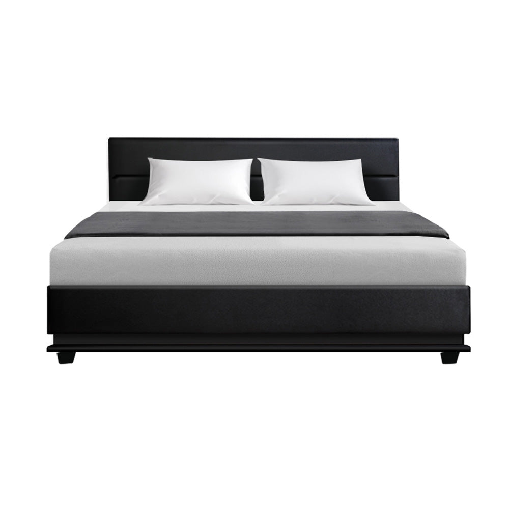 King Size LED Bed Frame With Gas Lift Storage and Bedhead - Black Leather