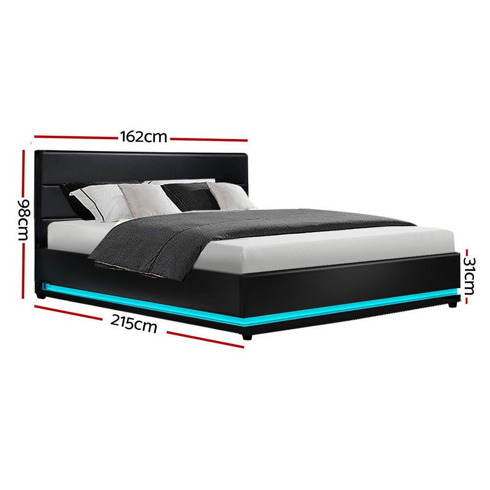 Queen Size LED Bed Frame Gas Lift Storage - Black PU Leather