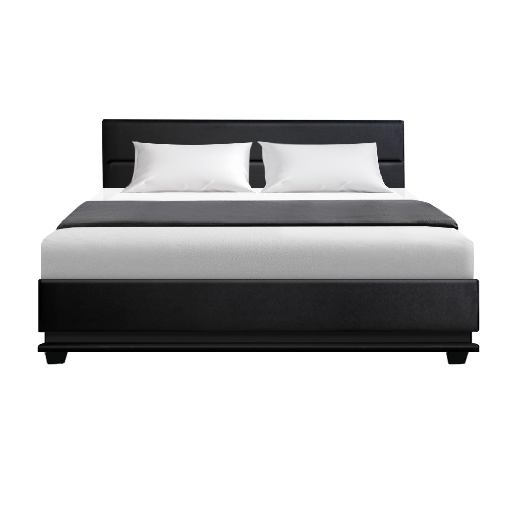 Queen Size LED Bed Frame Gas Lift Storage - Black PU Leather