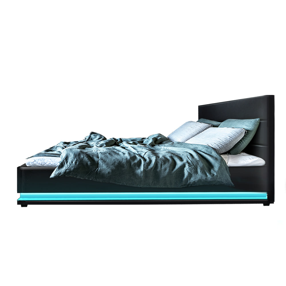 Queen Size LED Bed Frame Gas Lift Storage - Black PU Leather