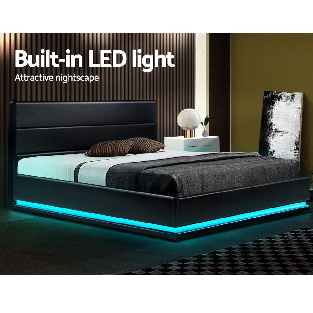 Queen Size LED Bed Frame Gas Lift Storage - Black PU Leather