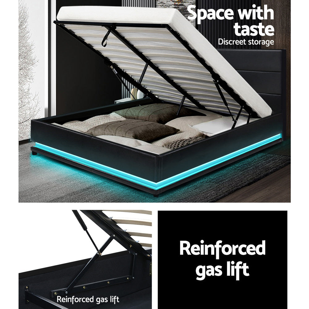 Queen Size LED Bed Frame Gas Lift Storage - Black PU Leather