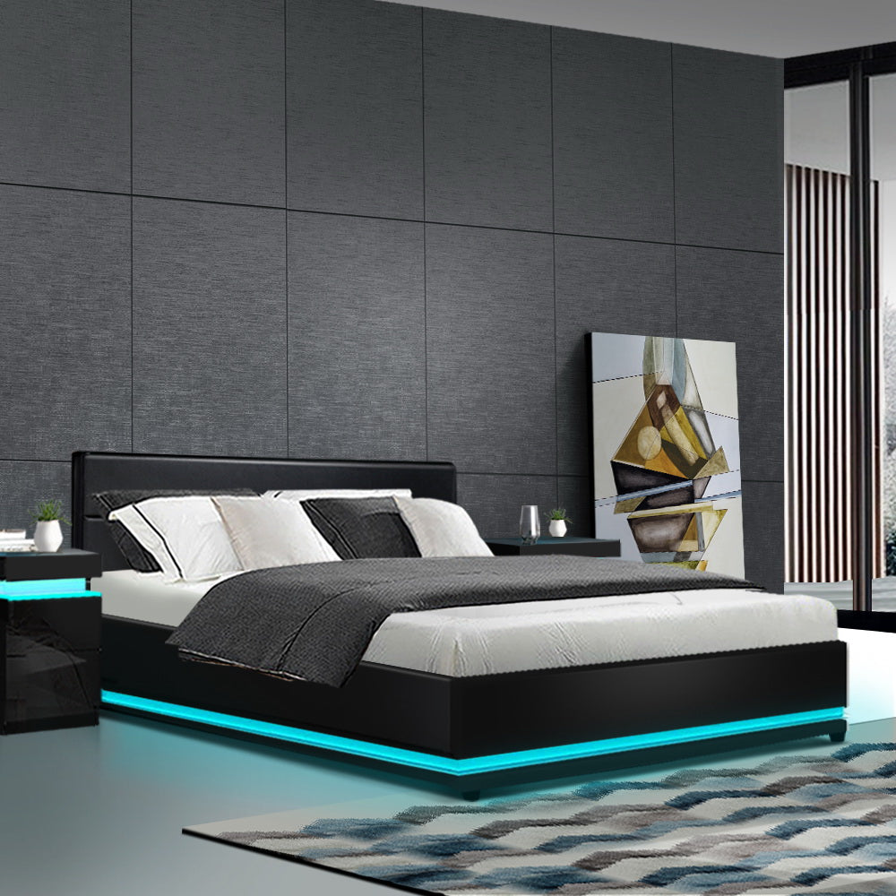 Queen Size LED Bed Frame Gas Lift Storage - Black PU Leather