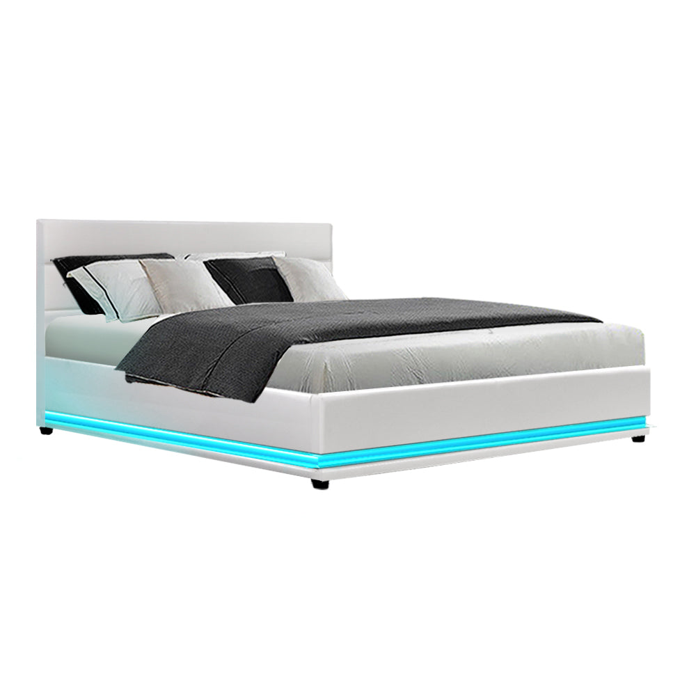 Queen Size LED Bed Frame With Bedhead and Gas Lift Storage - White PU Leather
