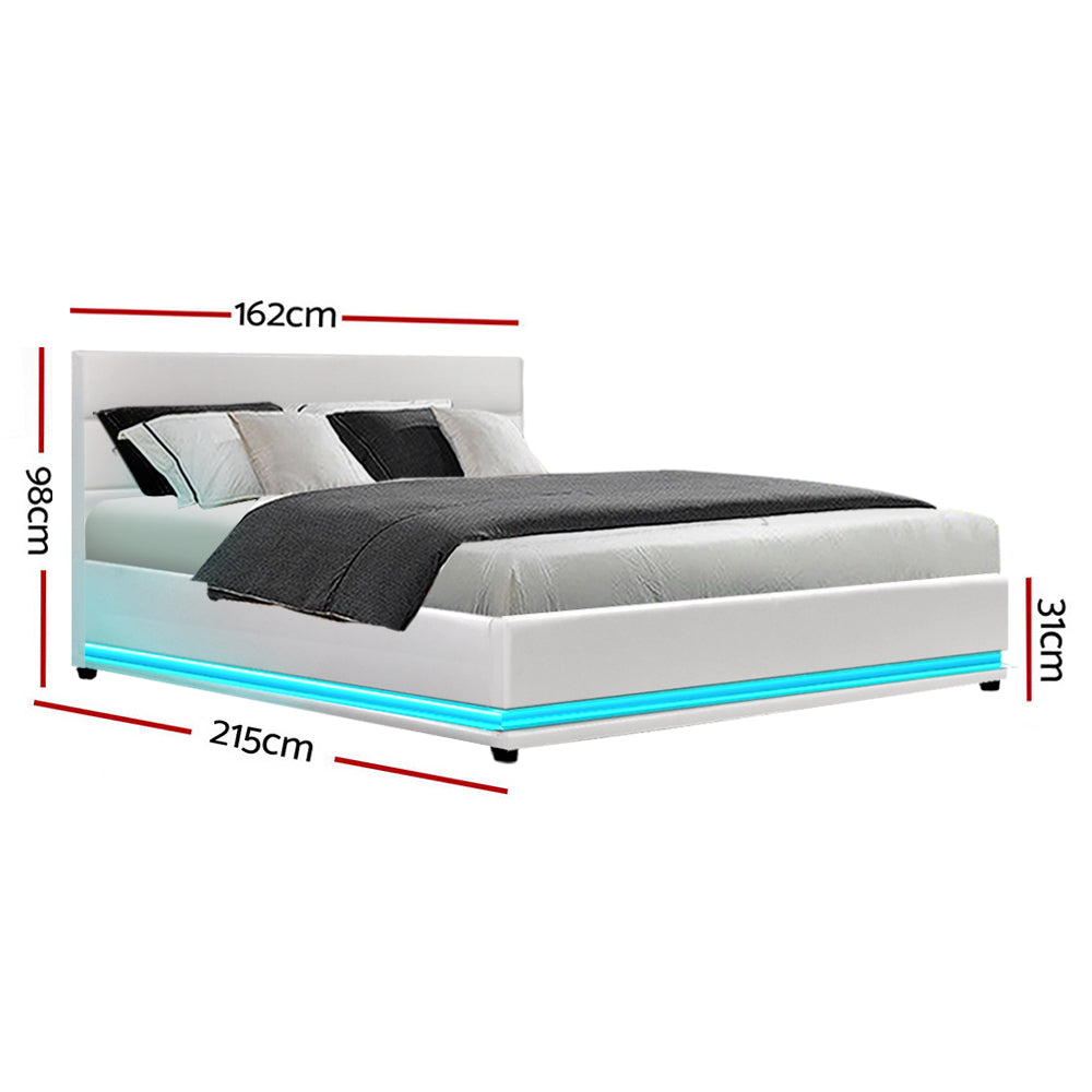 Queen Size LED Bed Frame With Bedhead and Gas Lift Storage - White PU Leather