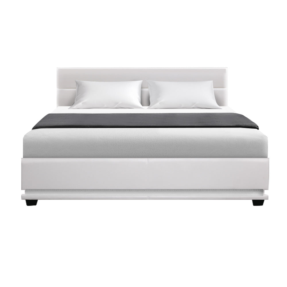 Queen Size LED Bed Frame With Bedhead and Gas Lift Storage - White PU Leather