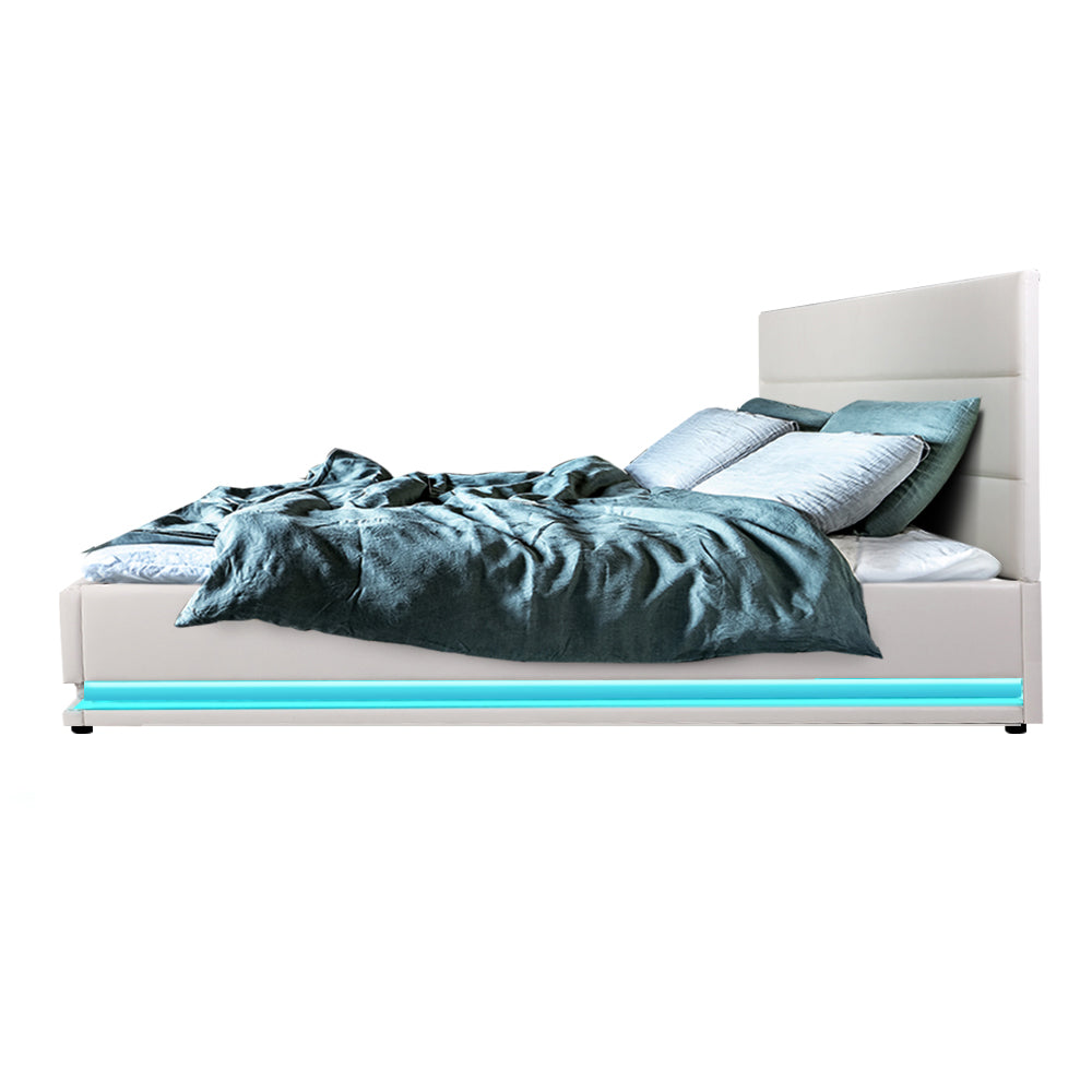 Queen Size LED Bed Frame With Bedhead and Gas Lift Storage - White PU Leather
