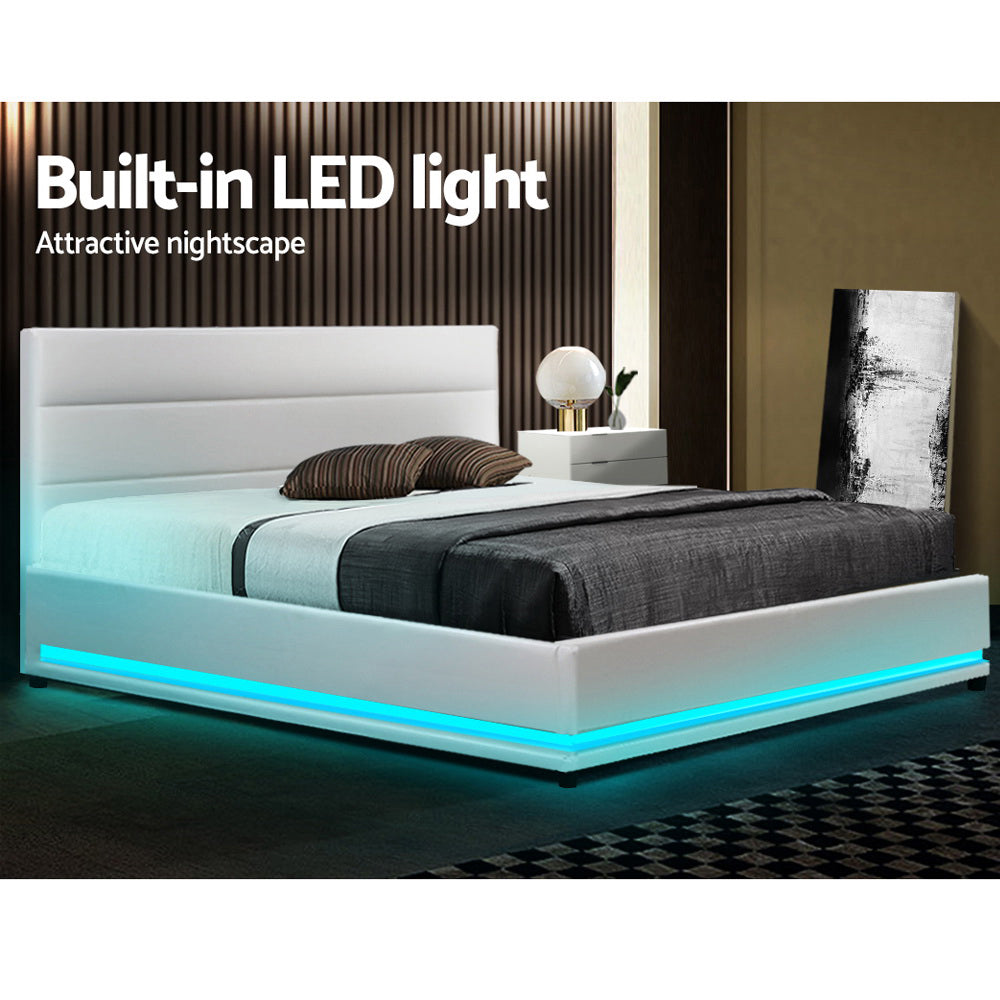 Queen Size LED Bed Frame With Bedhead and Gas Lift Storage - White PU Leather
