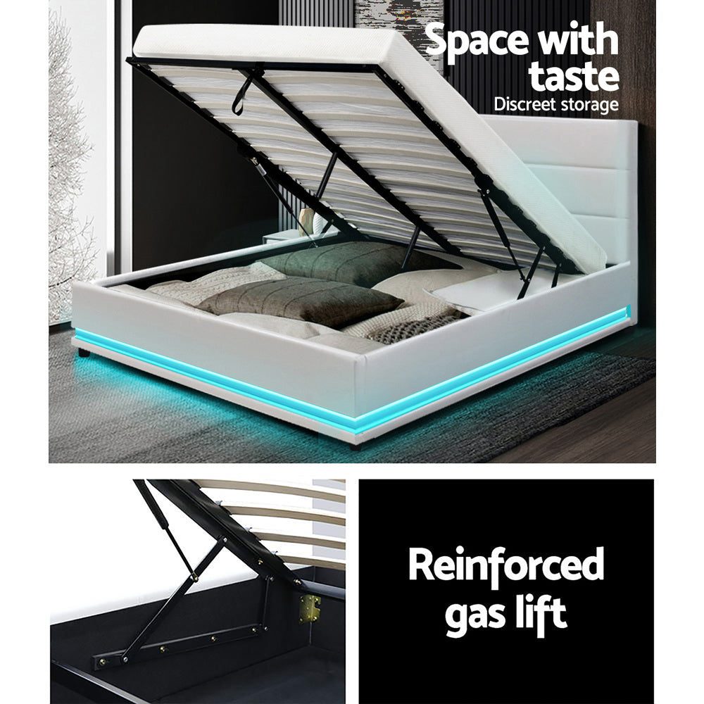 Queen Size LED Bed Frame With Bedhead and Gas Lift Storage - White PU Leather