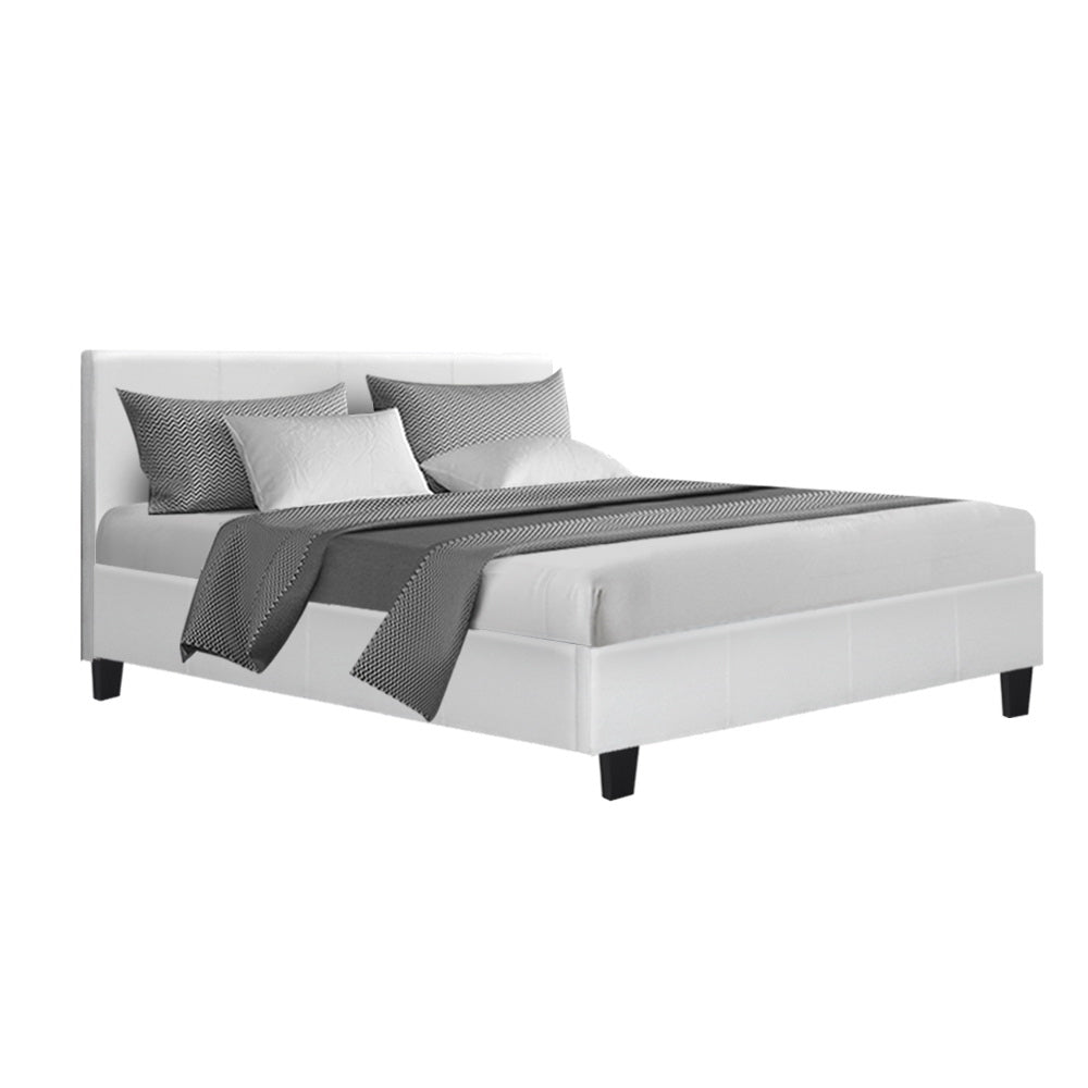 Double Size Bed Frame With Headboard - White Leather