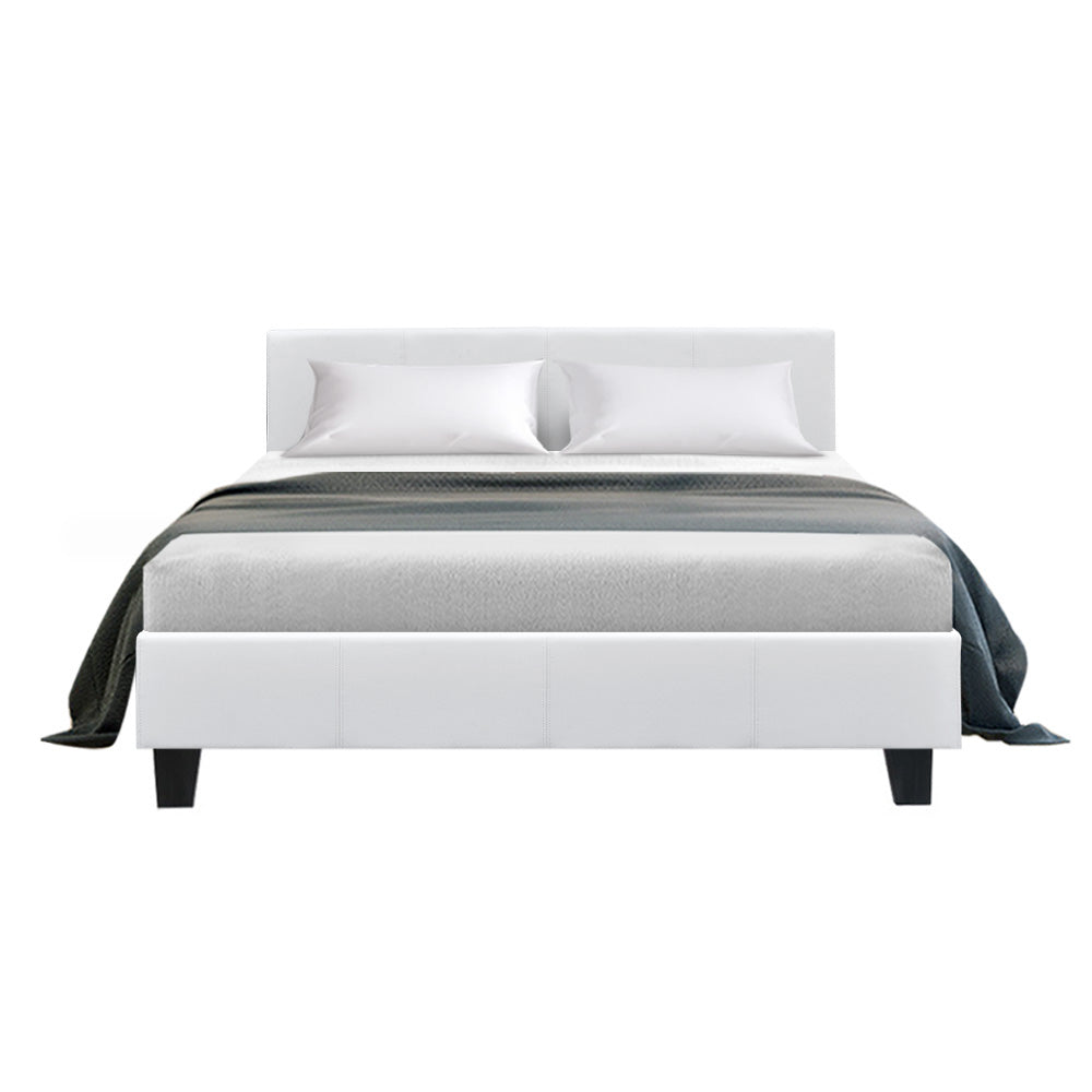 Double Size Bed Frame With Headboard - White Leather