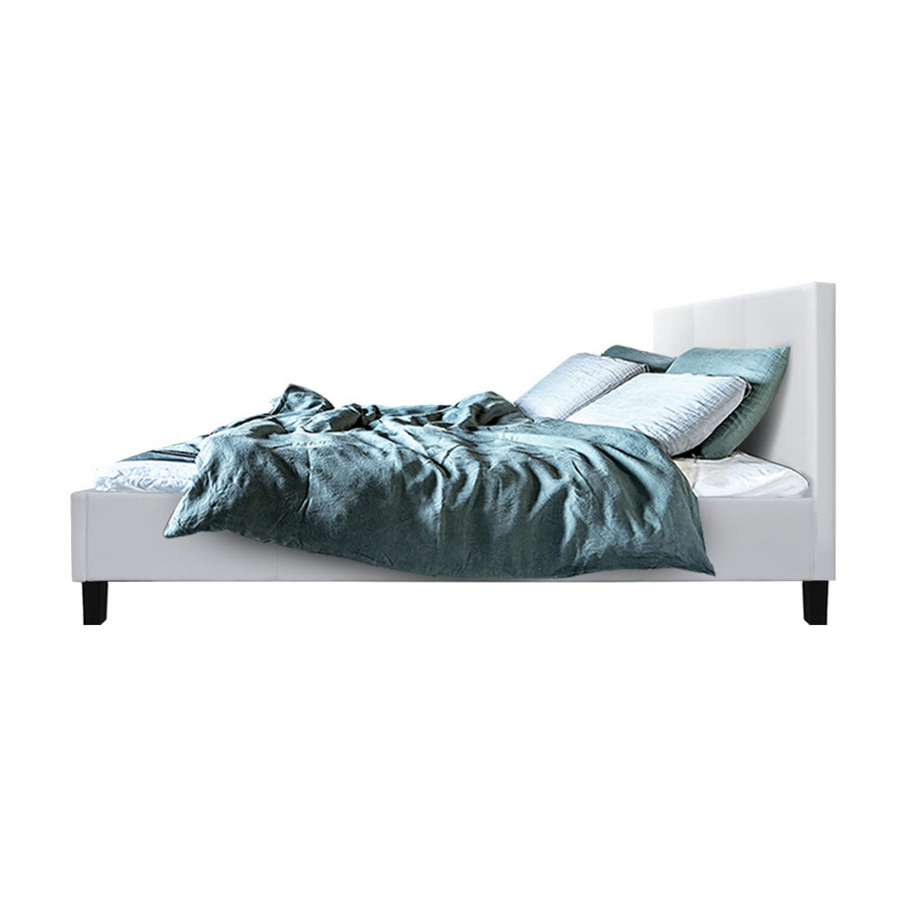 Double Size Bed Frame With Headboard - White Leather