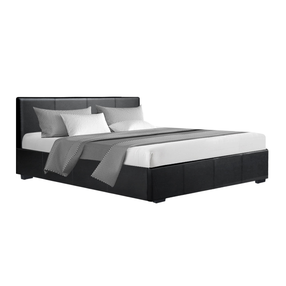 Queen Size Bed Frame With Gas Storage PU Leather - Black