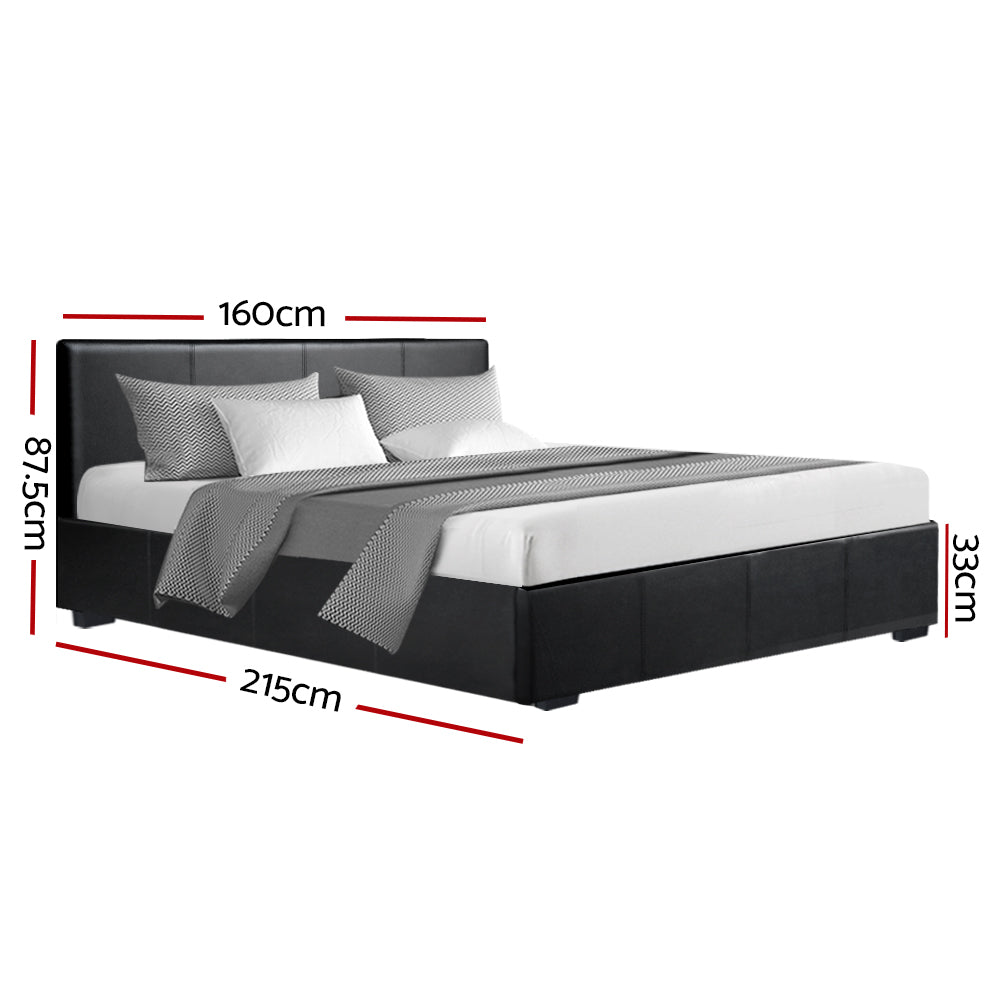 Queen Size Bed Frame With Gas Storage PU Leather - Black