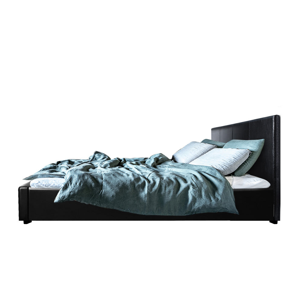 Queen Size Bed Frame With Gas Storage PU Leather - Black