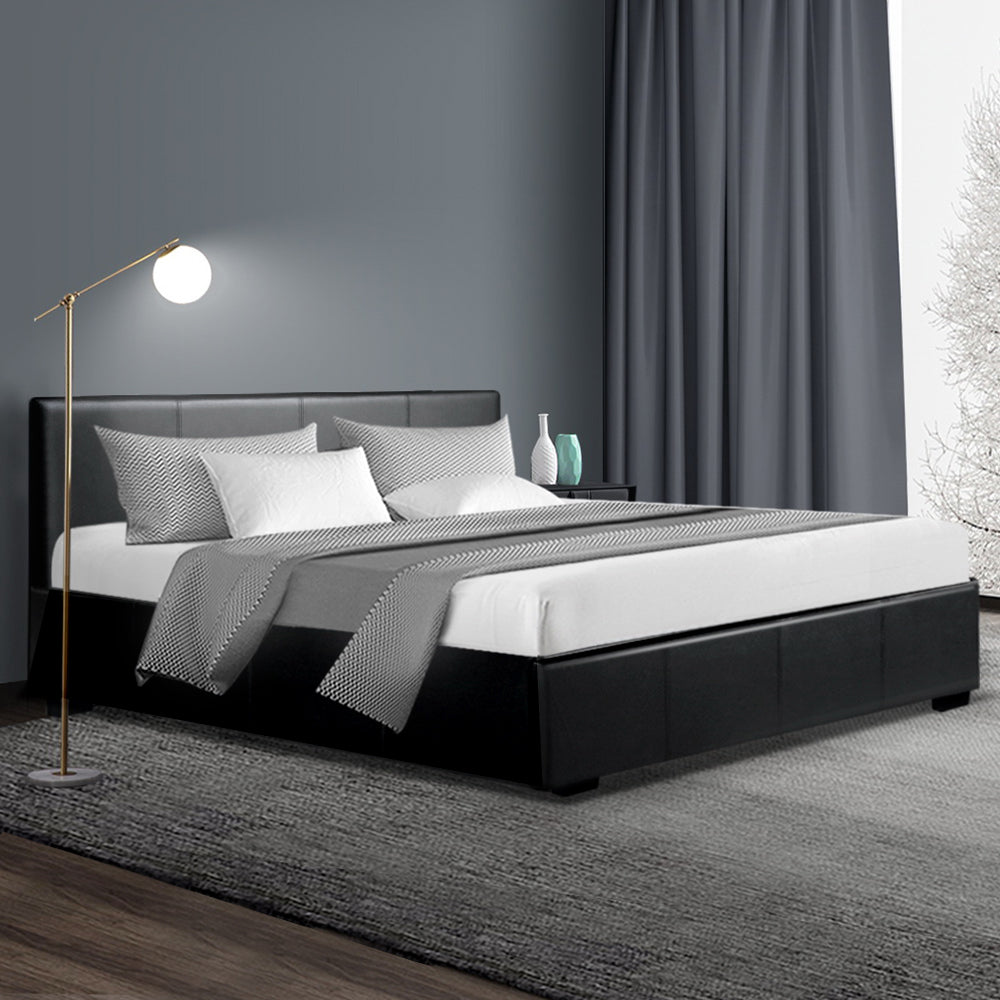 Queen Size Bed Frame With Gas Storage PU Leather - Black
