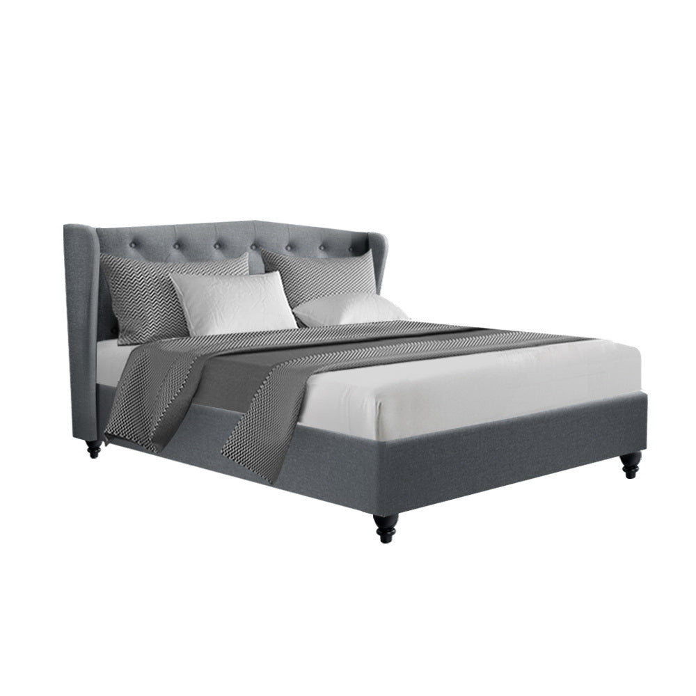 Double Size Bed Frame With Winged Headboard - Grey Fabric