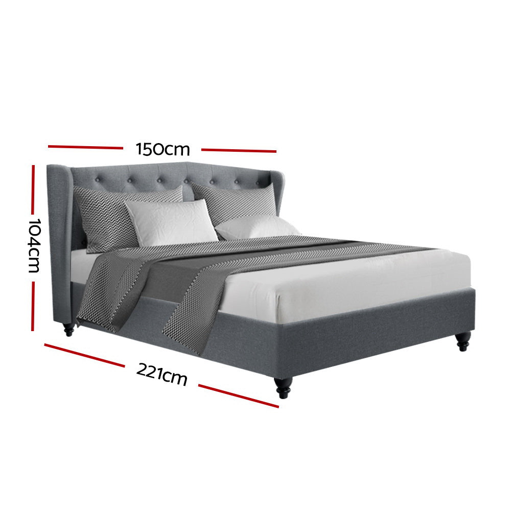 Double Size Bed Frame With Winged Headboard - Grey Fabric