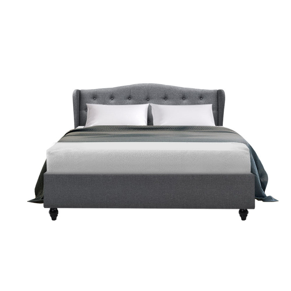 Double Size Bed Frame With Winged Headboard - Grey Fabric