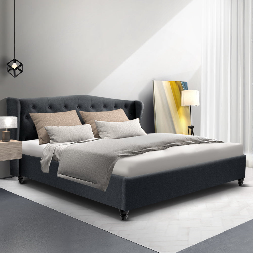 King Sized Bed Frame with Headboard - Charcoal Fabric