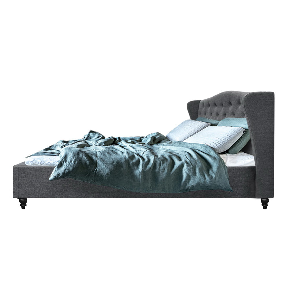 King Size Bed Frame With Winged Headboard Fabric - Grey